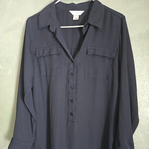 Christopher & Banks  - 3/4 Button Up, Long Sleeve, Navy Blue - Size L Large